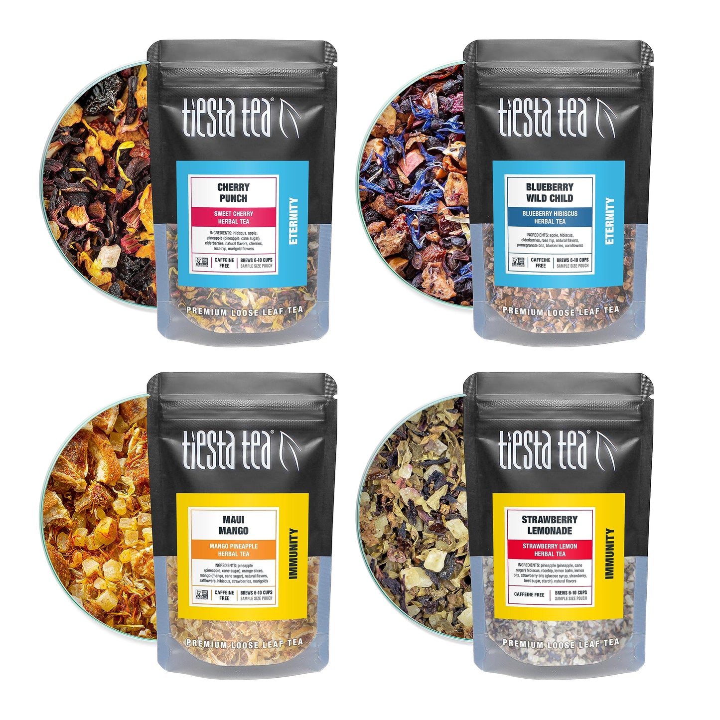Tiesta Tea Fruity Tea Sampler Set, Loose Leaf, No Caffeine, Assorted Fruit Brews, 8 Resealable Sample Pouches