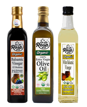 De La Rosa Extra Virgin Olive Oil, Balsamic & White Balsamic Vinegar, 100% Pure, Raw & Unfiltered, Vegan, Kosher & Gluten Free, 