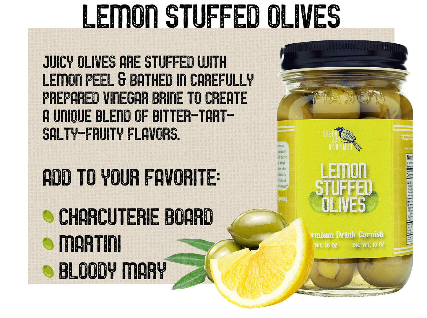 Green Jay Gourmet Stuffed Green Olives - Large 16 Ounces - All Natural Cocktail Garnish & Cheese Board Recipes