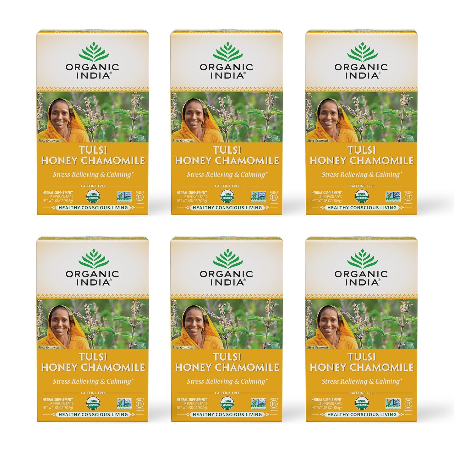 Organic India Tulsi Honey Chamomile Herbal Tea - Stress Relieving, Immune Support, Vegan, Gluten-Free - 18 Infusion Bags, 6 Pack