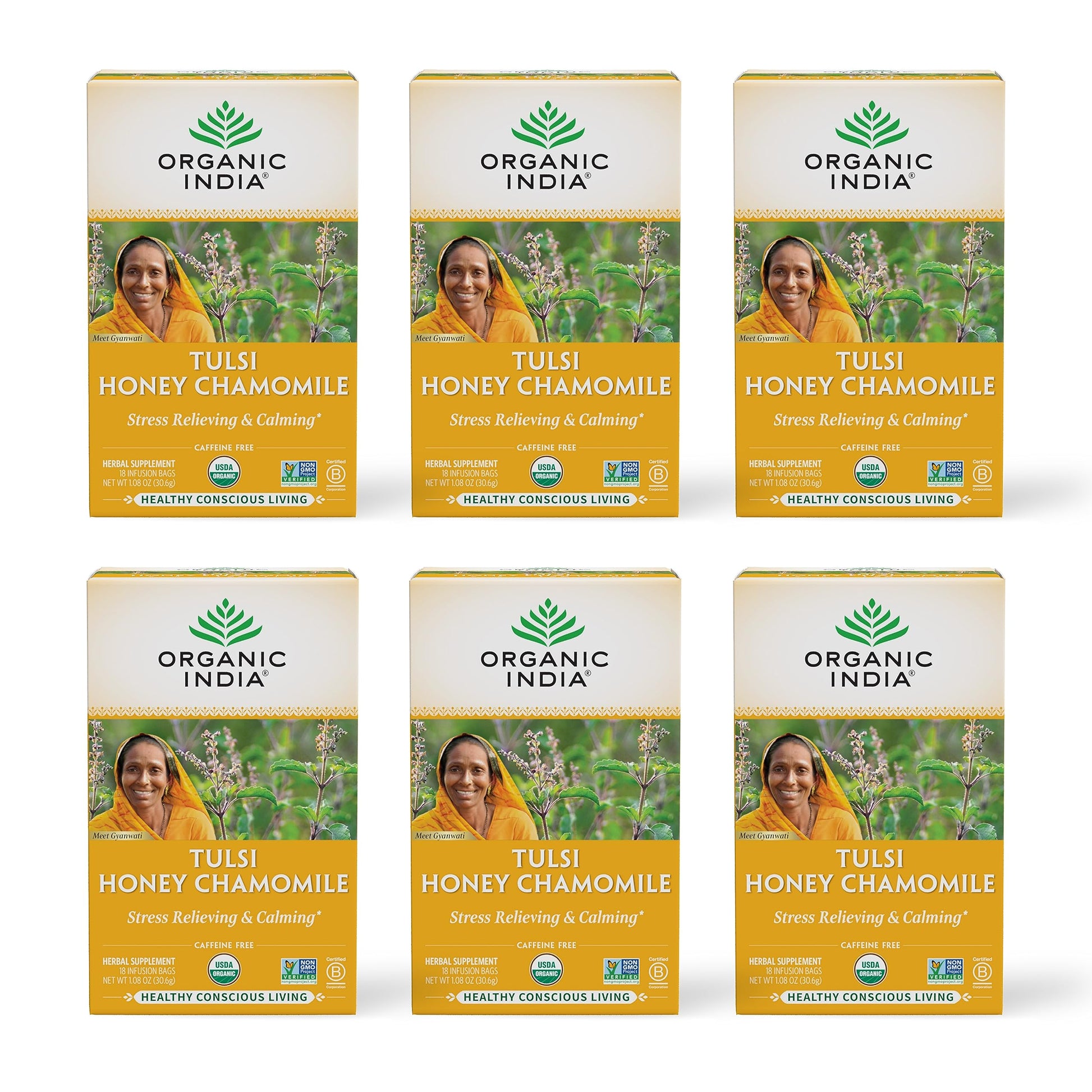 Organic India Tulsi Honey Chamomile Herbal Tea - Stress Relieving, Immune Support, Vegan, Gluten-Free - 18 Infusion Bags, 6 Pack