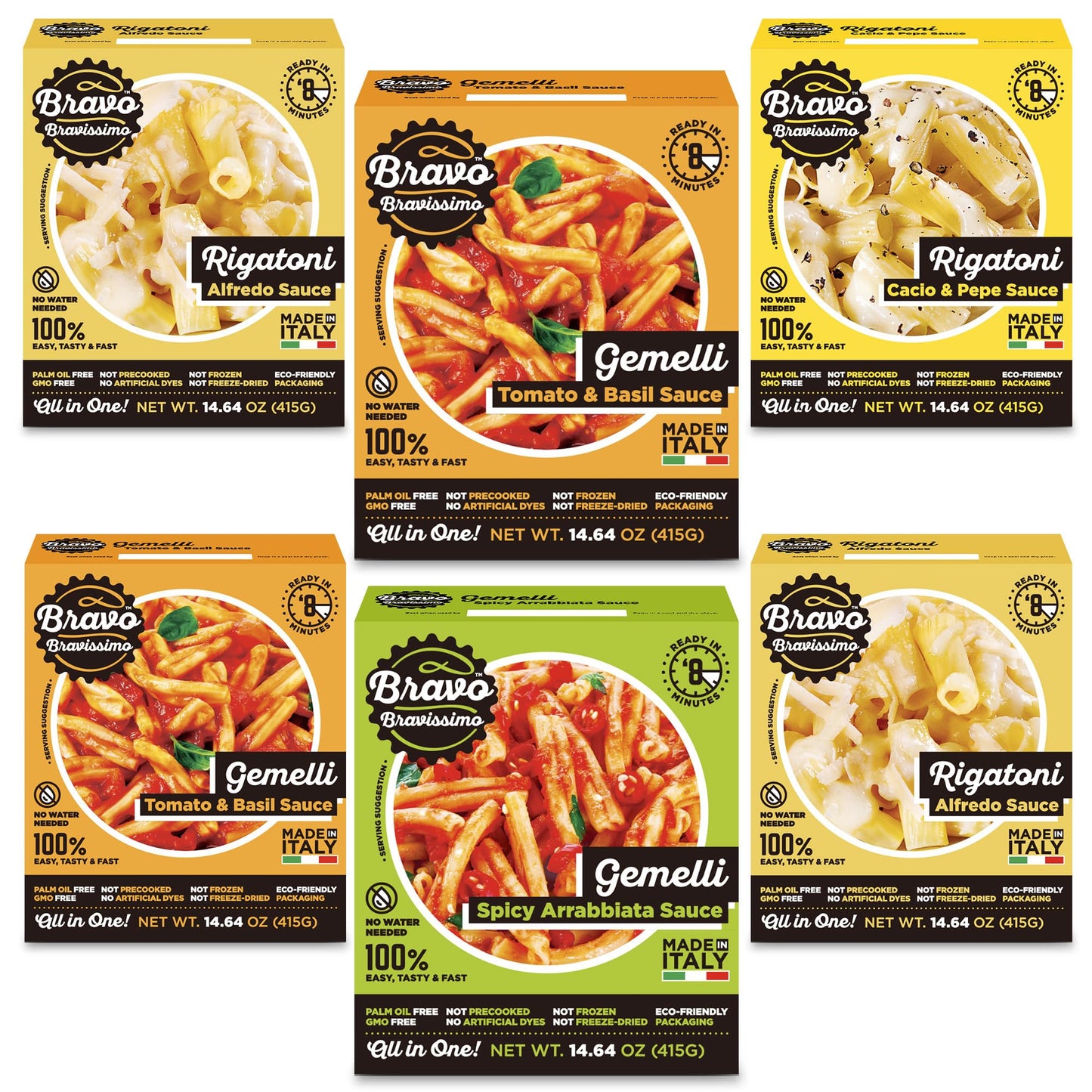 Bravo Bravissimo Italian Pasta Meal Variety Pack – Gourmet, Vegetarian & Vegan-Friendly, Microwaveable, Shelf-Stable, Ready In Minutes, No Refrigeration Needed – 6 Pack