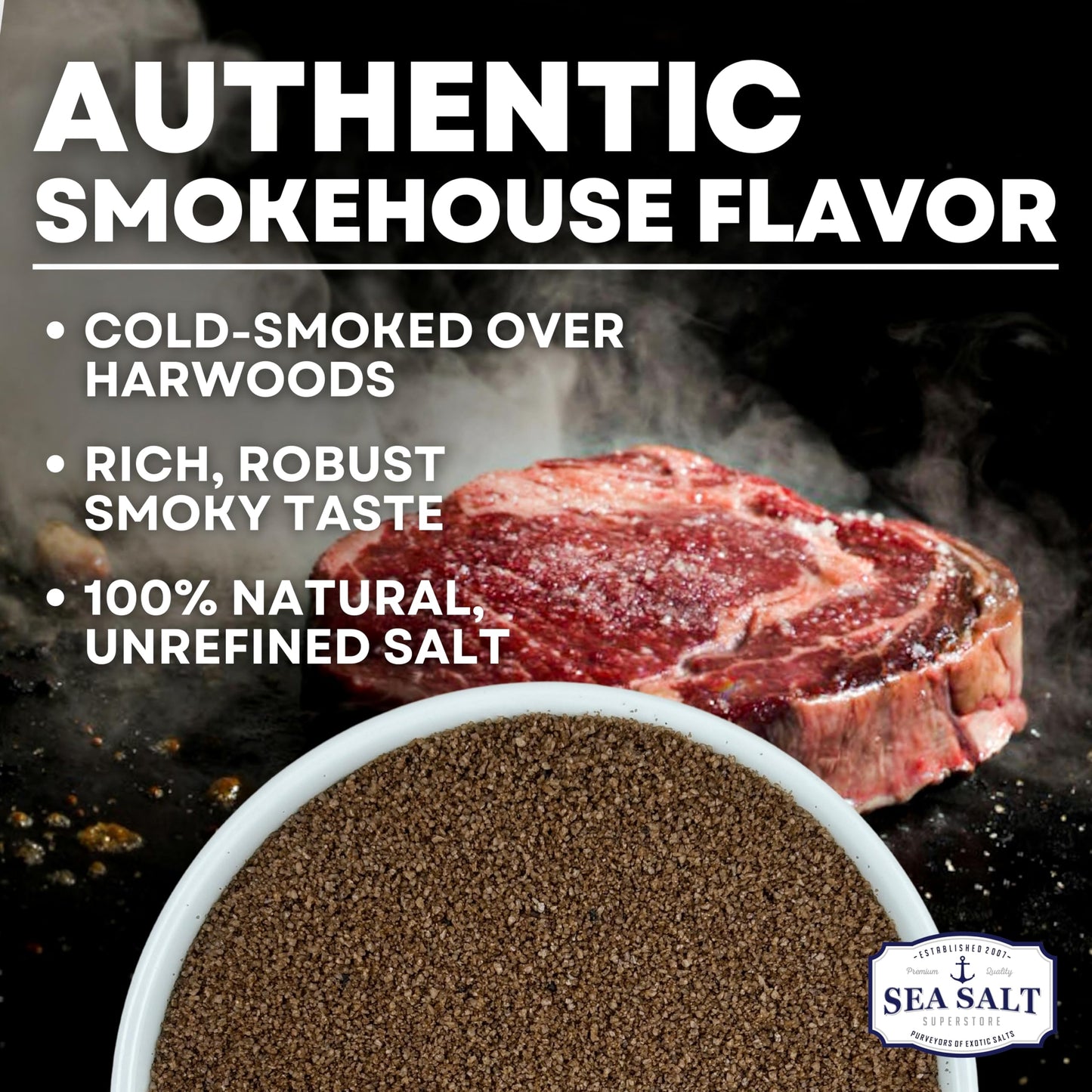 Sea Salt Superstore Fine Grain Cold Smoked Sea Salt, Unrefined Kosher Salt for Grilling & Cooking, 14 oz Bag