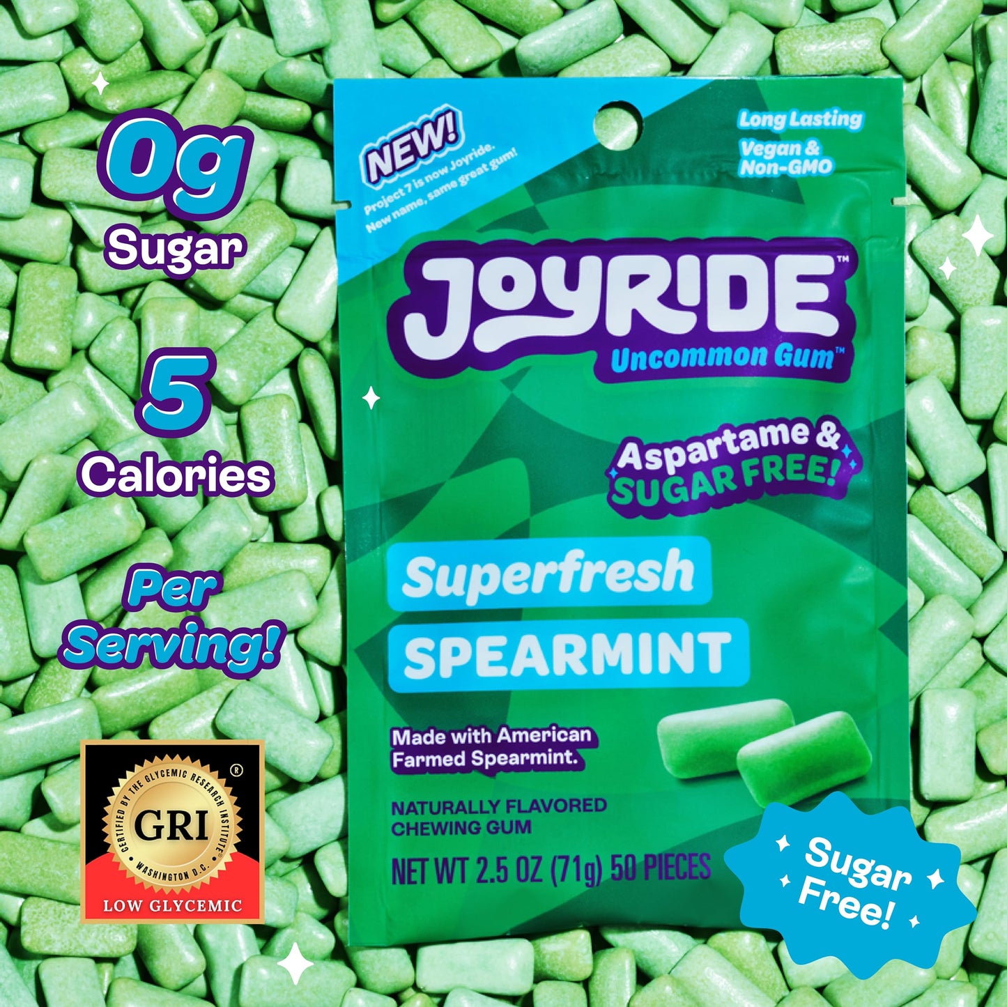 Joyride Gum - 12 Packs - Superfresh Spearmint - Aspartame & Sugar Free, Low Carb, Vegan, Healthy Chewing Gum - 50 Count (12 Pack