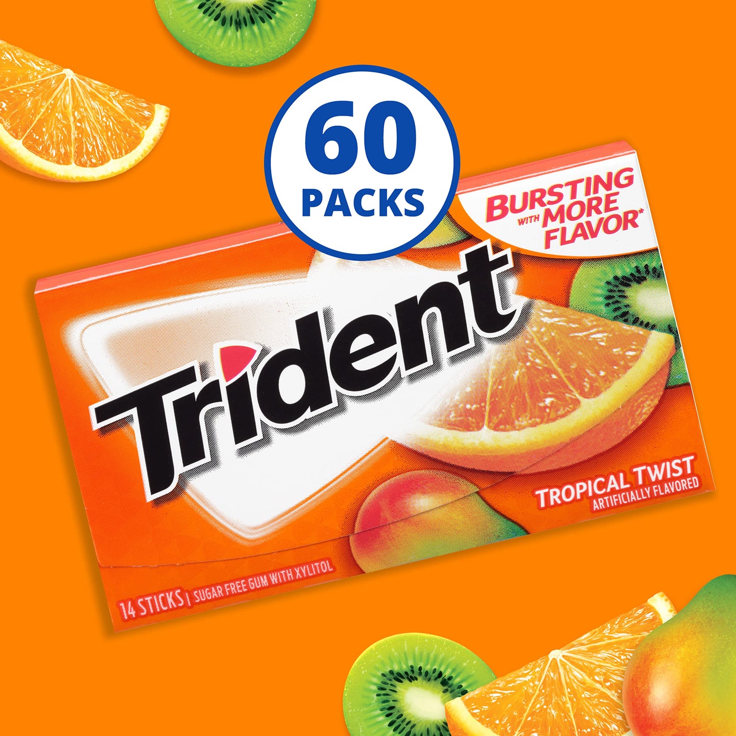 Trident Tropical Twist Sugar Free Gum, 60 Packs of 14 Pieces, Total 840 Pieces, Bulk Size