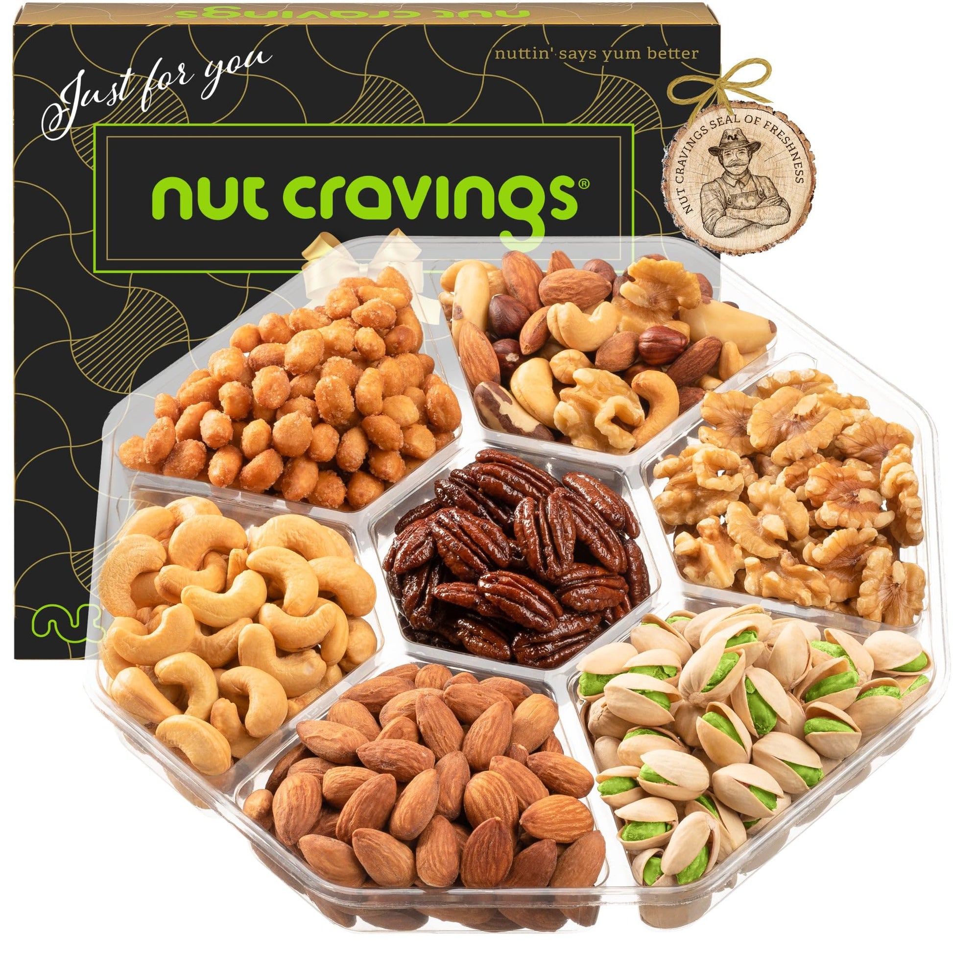 Nut Cravings Gourmet Mixed Nuts Gift Basket - 7 Assortments, 1 LB - Brown & Gold Box - Perfect for Easter, Birthdays, and Corporate Gifts