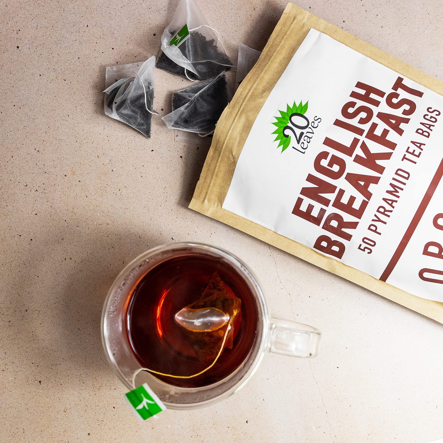 English Breakfast Black Tea - 100% Certified Organic - 50 Pyramid Tea Bags Sachets In Resealable Bag