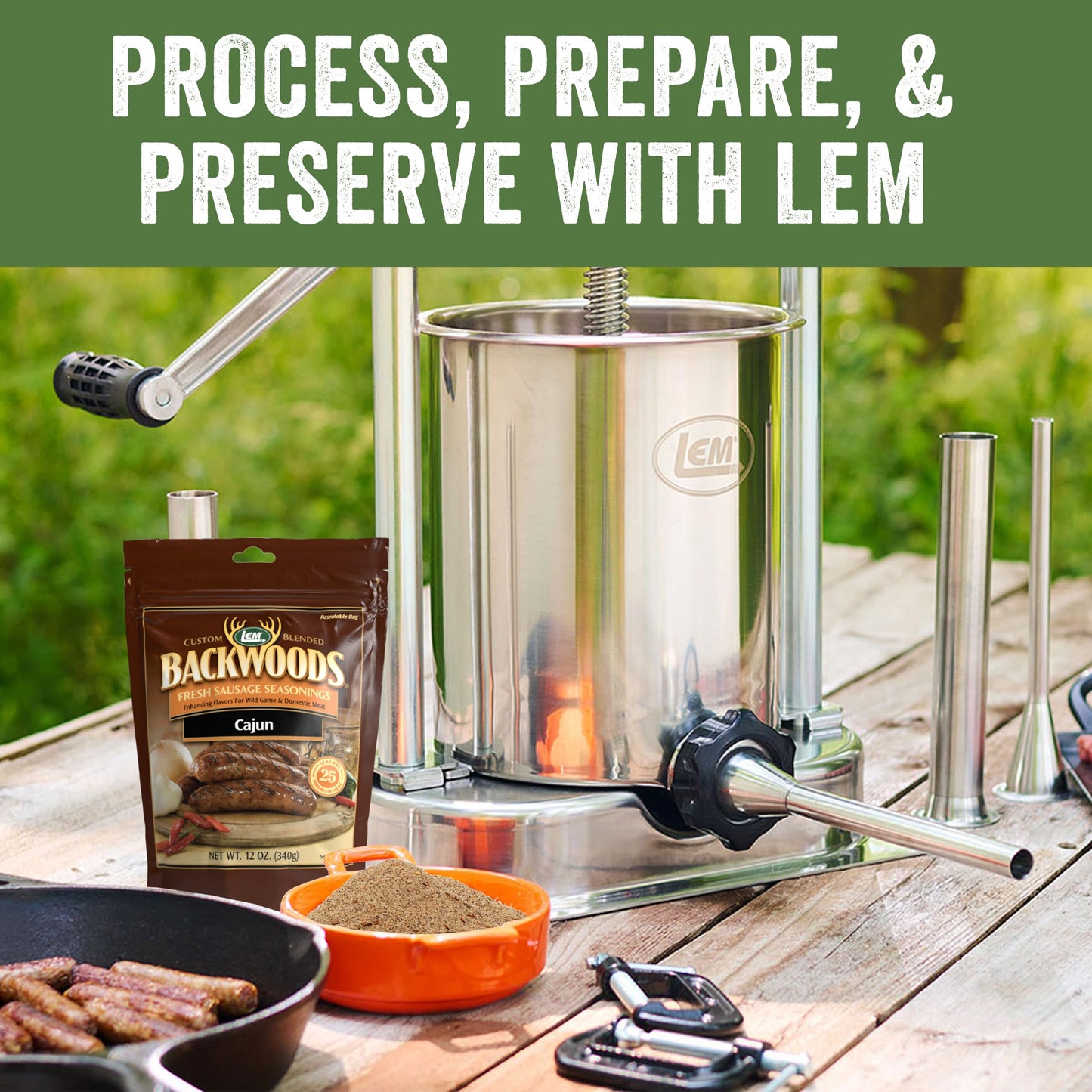 LEM Backwoods Cajun Sausage Seasoning, Ideal for Meat, 12 Ounce Packet, Model 9014