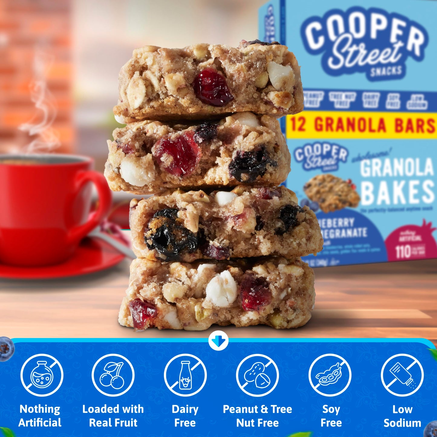 COOPER STREET Granola Bakes - Blueberry Pomegranate, 12 Individually Wrapped Bars, Nut, Dairy & Soy Free, Soft & Chewy