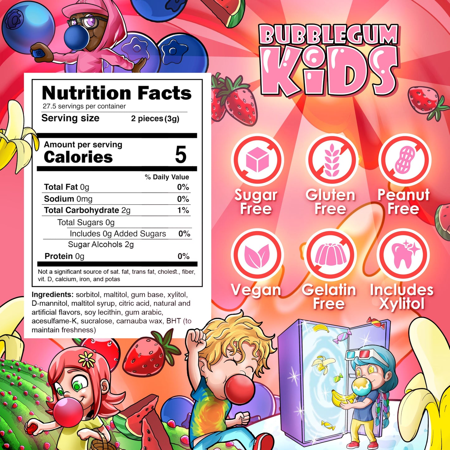 Bubblegum Kids Sugar Free Gum - Vegan Friendly, Retro Flavor - 55 Count (8 Pack)
