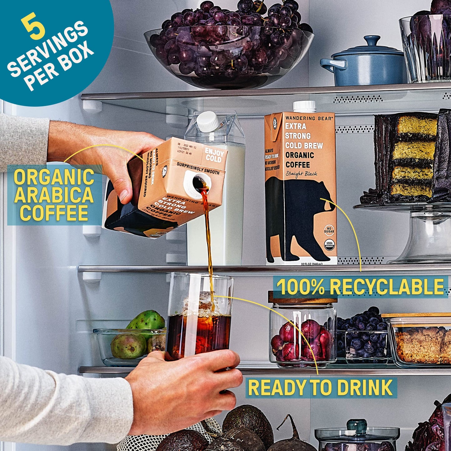 Wandering Bear Organic Vanilla Cold Brew Coffee  32 fl oz  6 pack - Extra Strong  Bold  Smooth  Unsweetened  Shelf-Stable  Ready to Drink  Gluten Free  & Vegan  Iced Cold Brewed Coffee Drinks