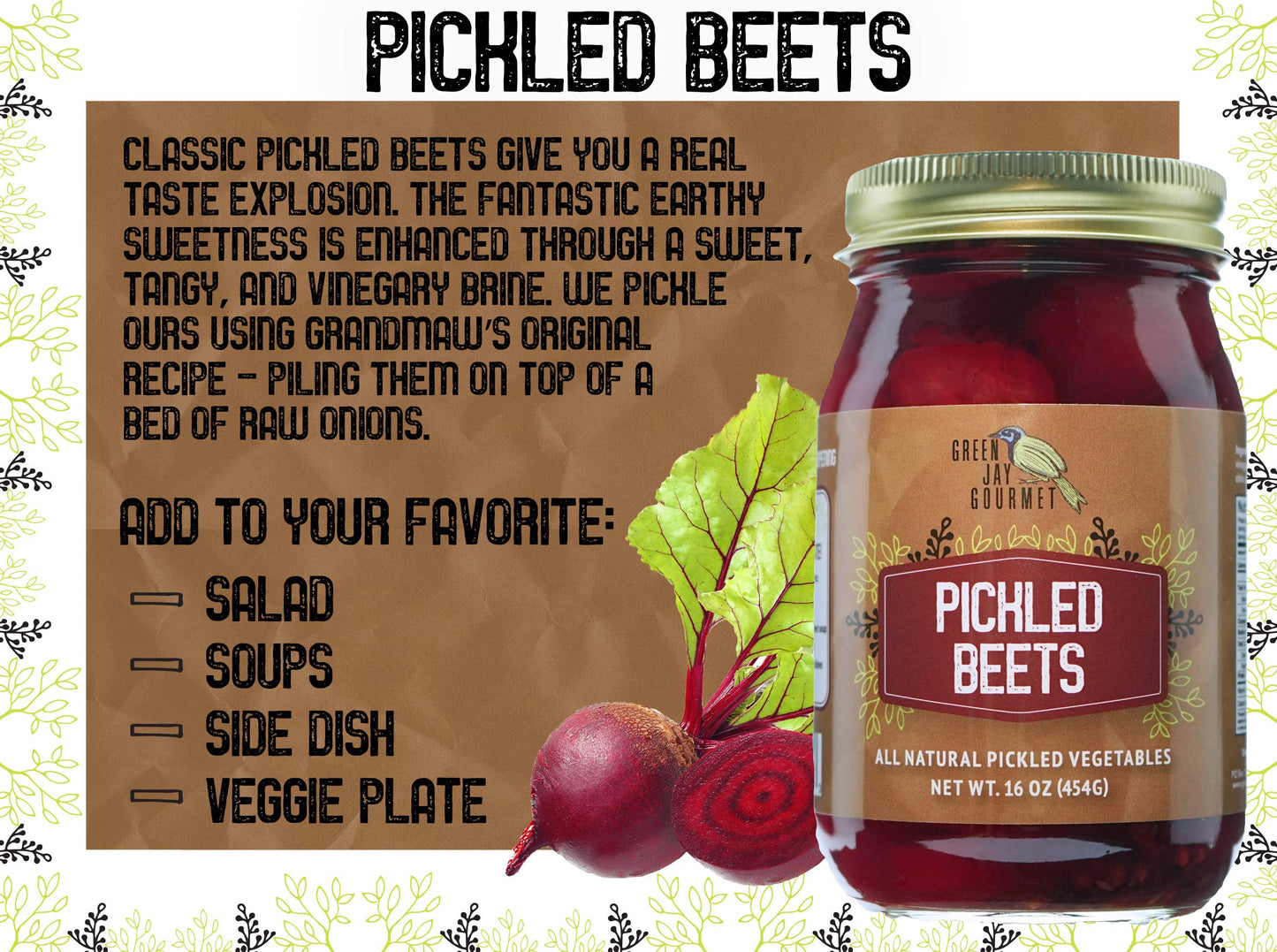 Green Jay Gourmet Fresh Classic Pickled Beets - Grandmas Original Recipe - Sweet, Tangy, And Vinegary Brine - Simple Natural Ing