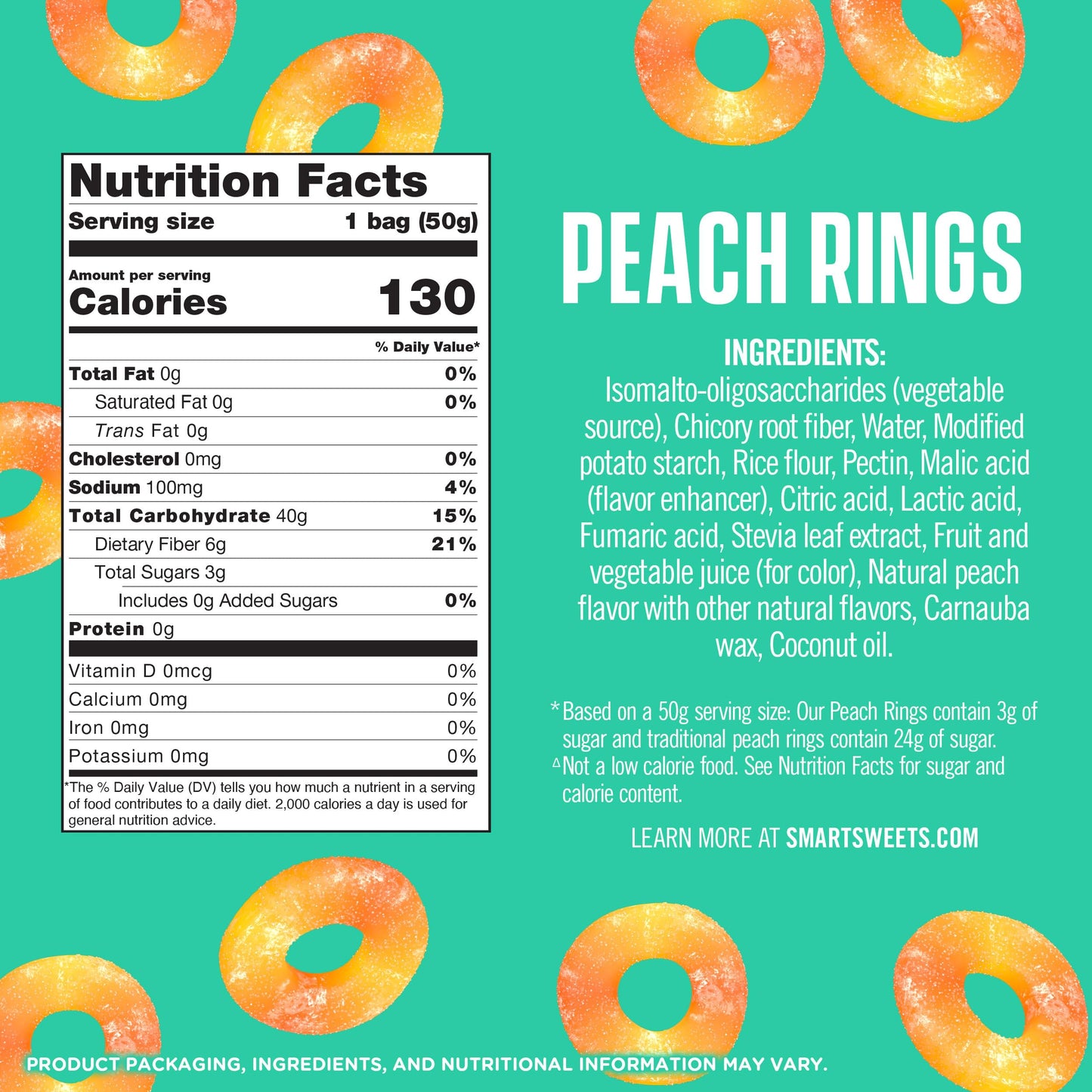 Smartsweets Peach Rings, Low Sugar Gummy Candy (3G), Low Calorie (130), Gluten-Free -1.8Oz (Pack Of 12) Packaging May Vary