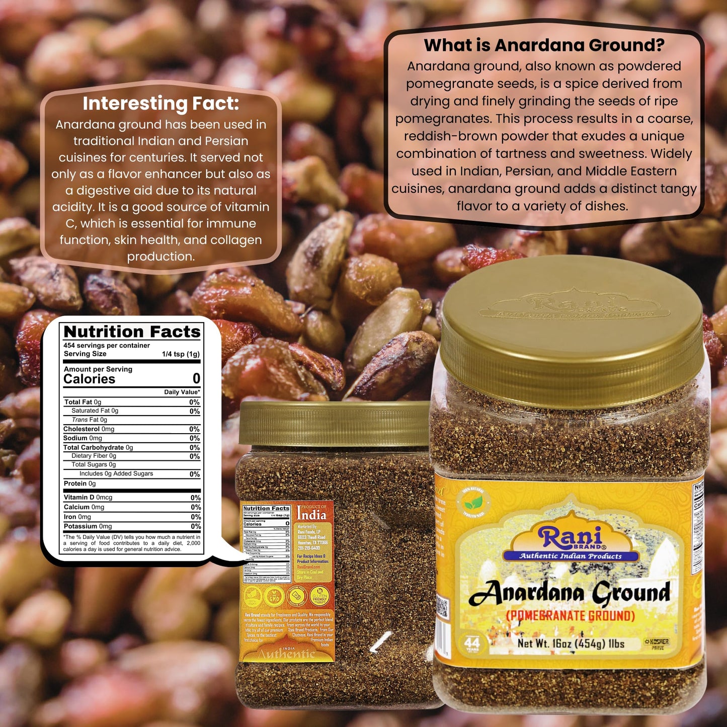 Rani Anardana (Pomegranate) Ground, Indian Spice 16Oz (1Lb) 454G Pet Jar ~ All Natural | No Color | Gluten Friendly | Vegan | Non-Gmo | Kosher | No Salt Or Fillers