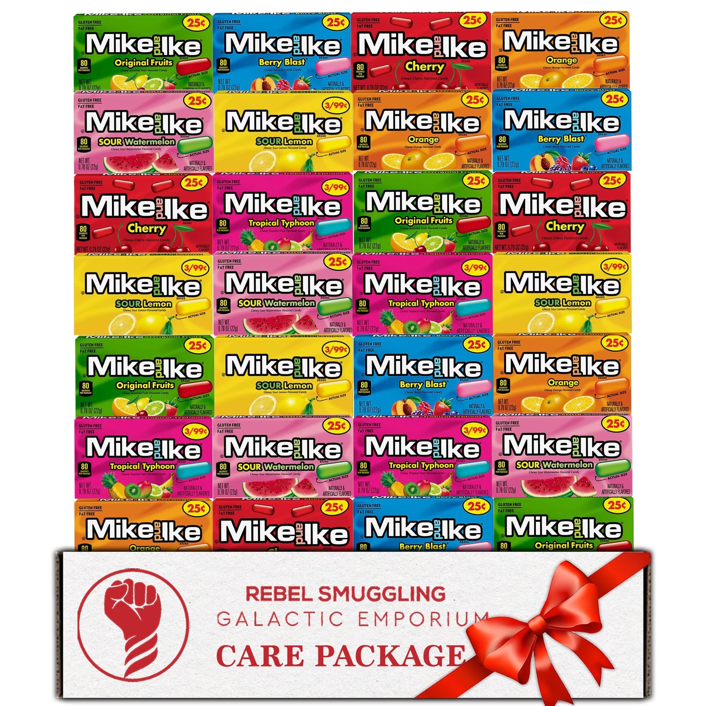 Mike And Ike Candy Bulk Variety 28 Pack Gift Basket- 7 Flavors, 4 Mini Boxes Of Each Flavor. Care Package By Rebel Smuggling Galactic Emporium.
