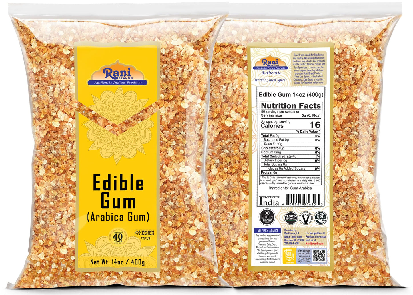 Rani Edible Gum Whole (Arabica Gum) 14Oz (400G) Bulk ~ All Natural, Salt-Free | Vegan | No Colors | Gluten Friendly | Non-Gmo | Kosher | Indian Origin