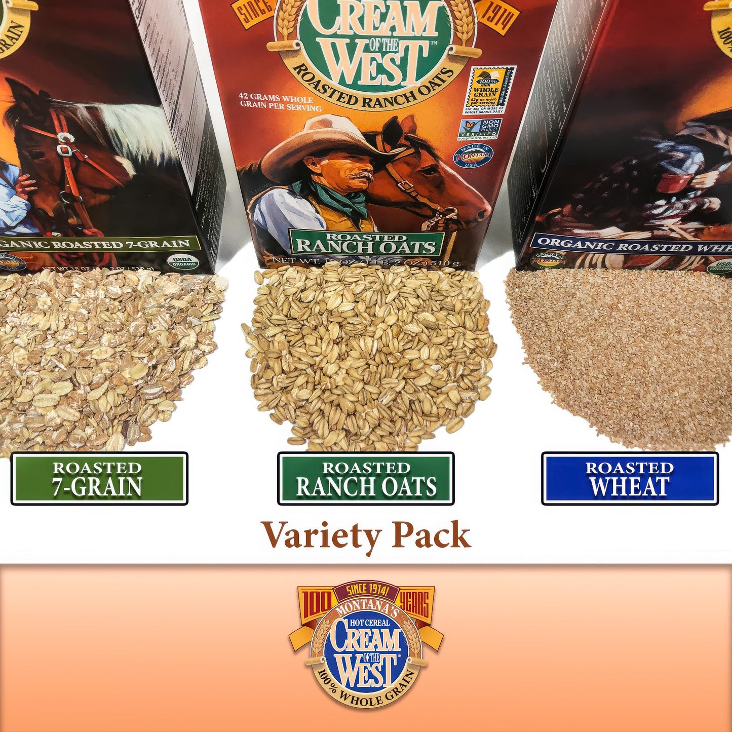 Cream of the West Hot Cereal Variety Pack, 100% Whole-Grain, Includes Roasted Wheat, 7-Grain, Thick Oats, 24 oz & 18 oz, Pack of