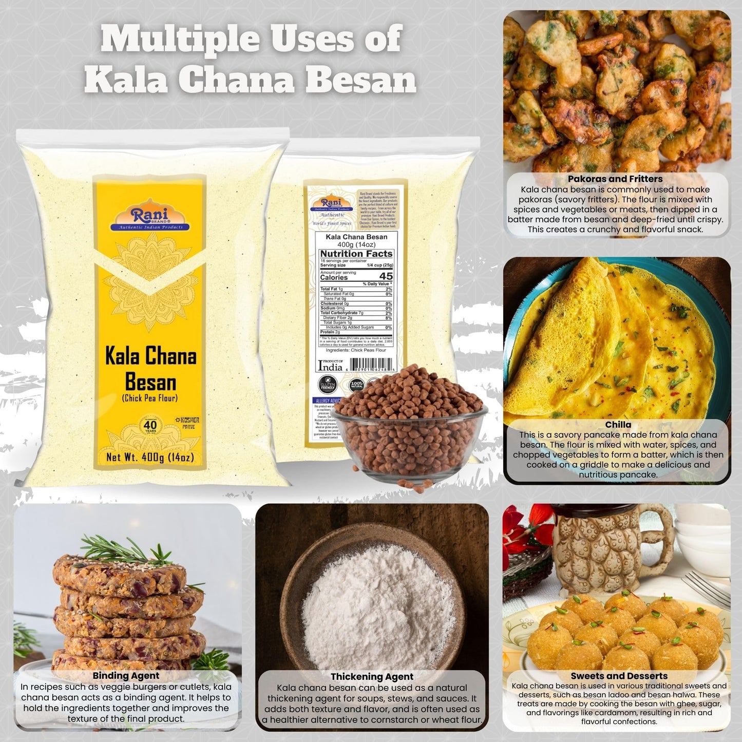 Rani Kala Chana Besan (Chick Peas Flour) 14Oz (400G) ~ All Natural | Vegan | Gluten Friendly | Non-Gmo | Kosher | Indian Origin