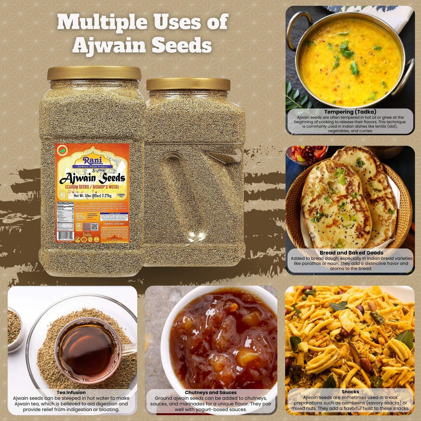 Rani Ajwain Seeds (Carom) Whole Spice - 5lbs (80oz) Bulk PET Jar, All Natural, Vegan, Gluten Friendly, NON-GMO, Kosher