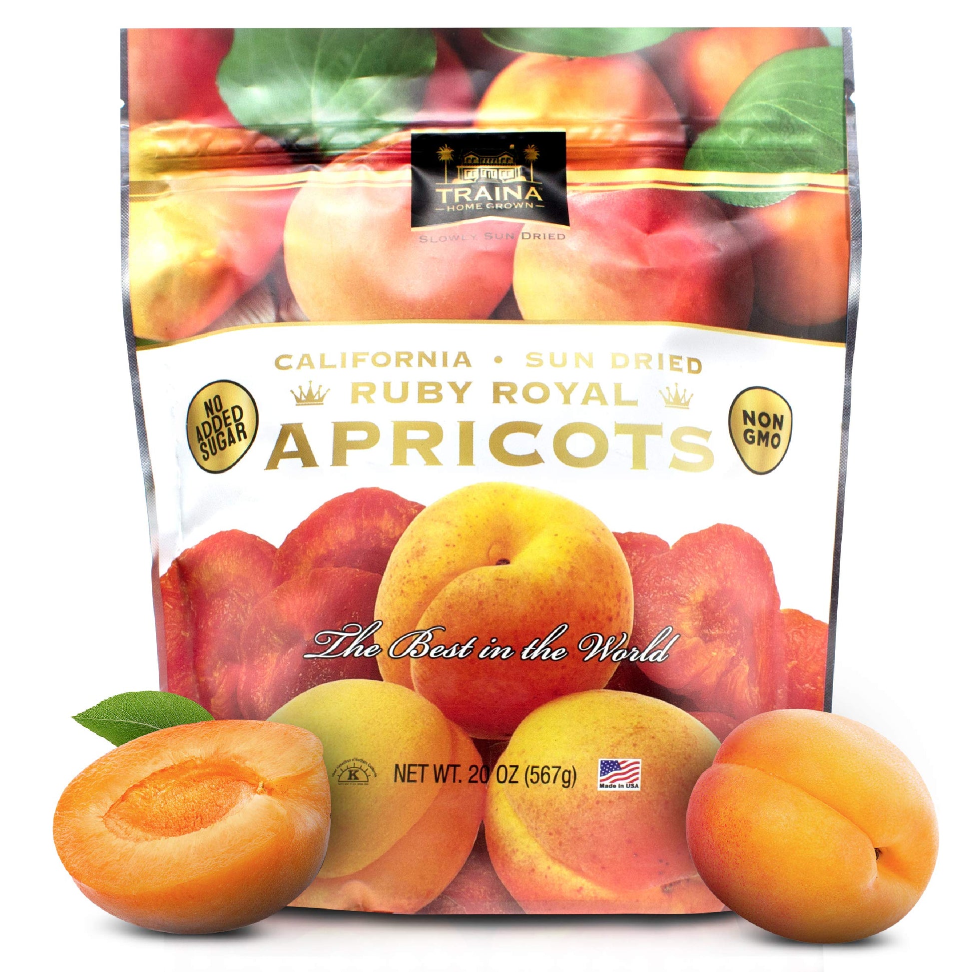 Traina Home Grown California Sun Dried Ruby Royal Apricots - Healthy, No Sugar Added, Non Gmo, Gluten Free, Kosher Certified, Vegan, Value Size (20 Oz)
