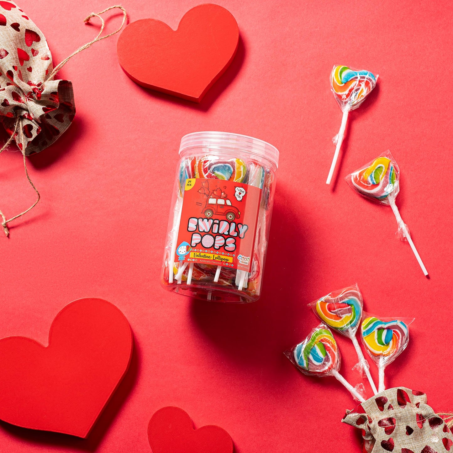 24 Heart Rainbow Lollipops Individually Wrapped, Bursting With Fruity Flavor, Great Swirl Lollipops For Kids Birthday Parties, V