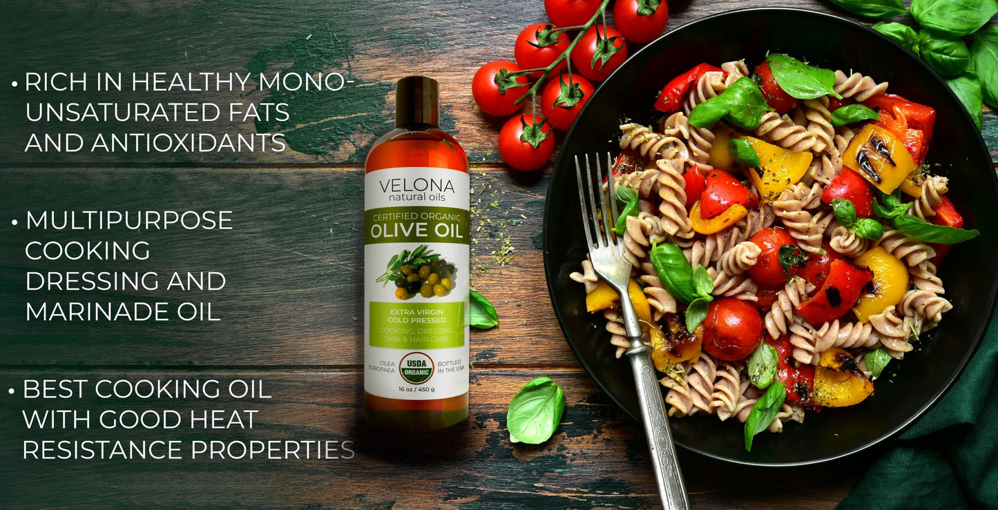 Velona Usda Certified Organic Olive Oil - 16 Fl Oz | 100% Pure And Natural Carrier Oil | Extra Virgin, Unrefined, Cold Pressed
