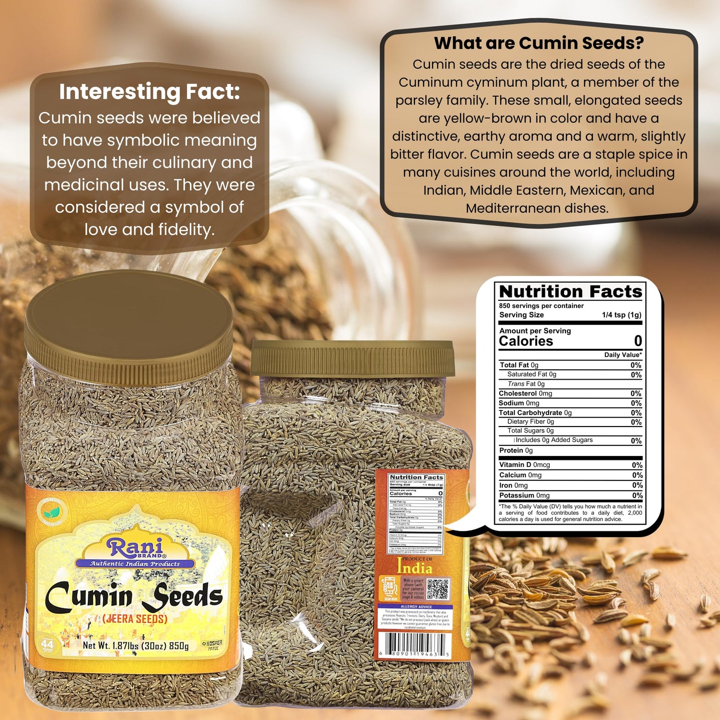 Rani Cumin Seeds Whole (Jeera) Spice 30Oz (1.87Lbs) 857G Pet Jar ~ All Natural | Gluten Friendly | Non-Gmo | Vegan | Kosher | In