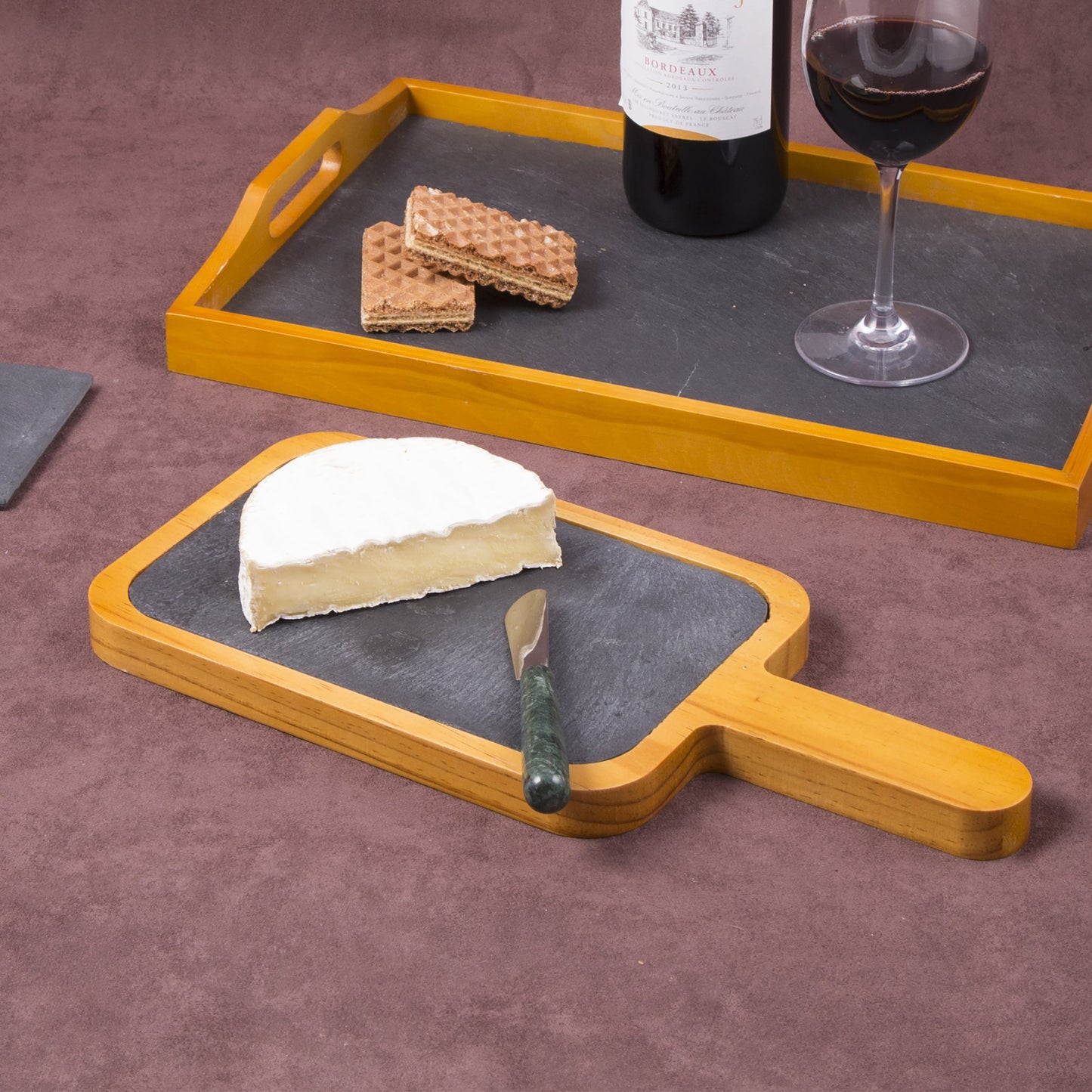 Creative Home Slate And Pine Wood Serving Board With Handle 14.4 X 6.5 | Paddle Cheese Board For Rustic Charcuterie, Tapas, Dessert, Sushi Tray | Unique Kitchen Gift For Hosts