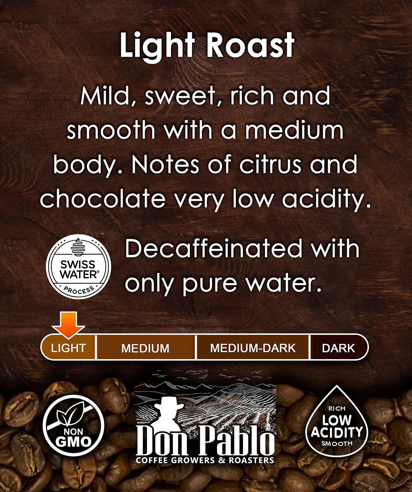 2LB Don Pablo Colombian Decaf Light Roast - Swiss Water Process Decaffeinated - Light Roast Whole Bean Coffee - Low Acidity - 2 Pound (2 lb) Bag
