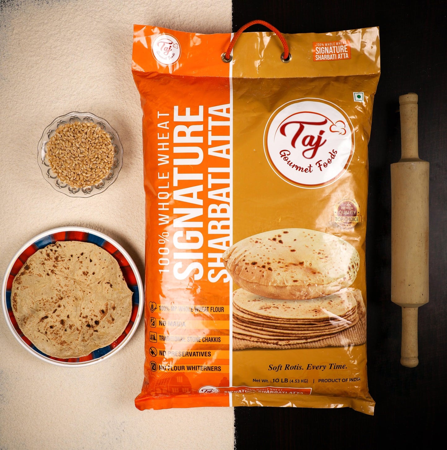 Taj Signature Sharbati Atta, 10Lbs, (Chakki Atta - Stone Ground) 100% Whole Wheat Flour, Chappati Flour