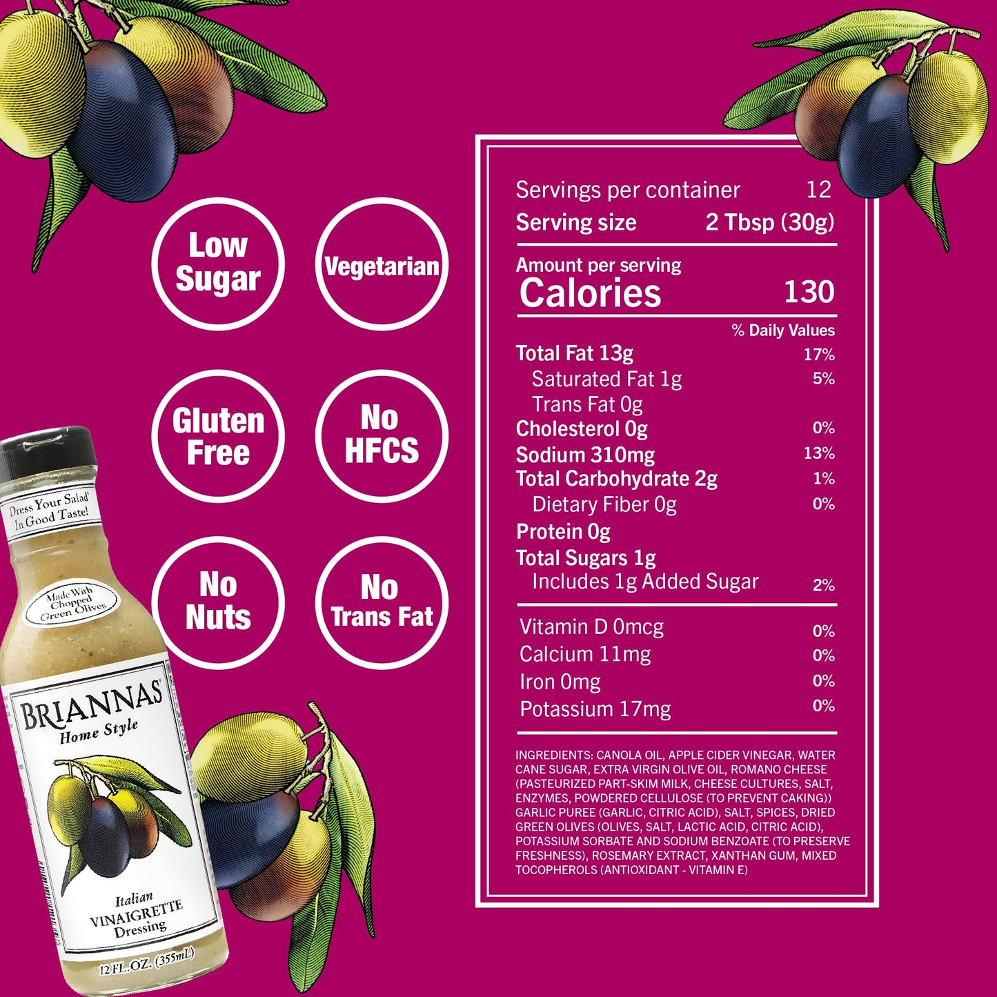 BRIANNAS Italian Vinaigrette Dressing - Gluten Free & Low Sugar - 12 oz Bottle