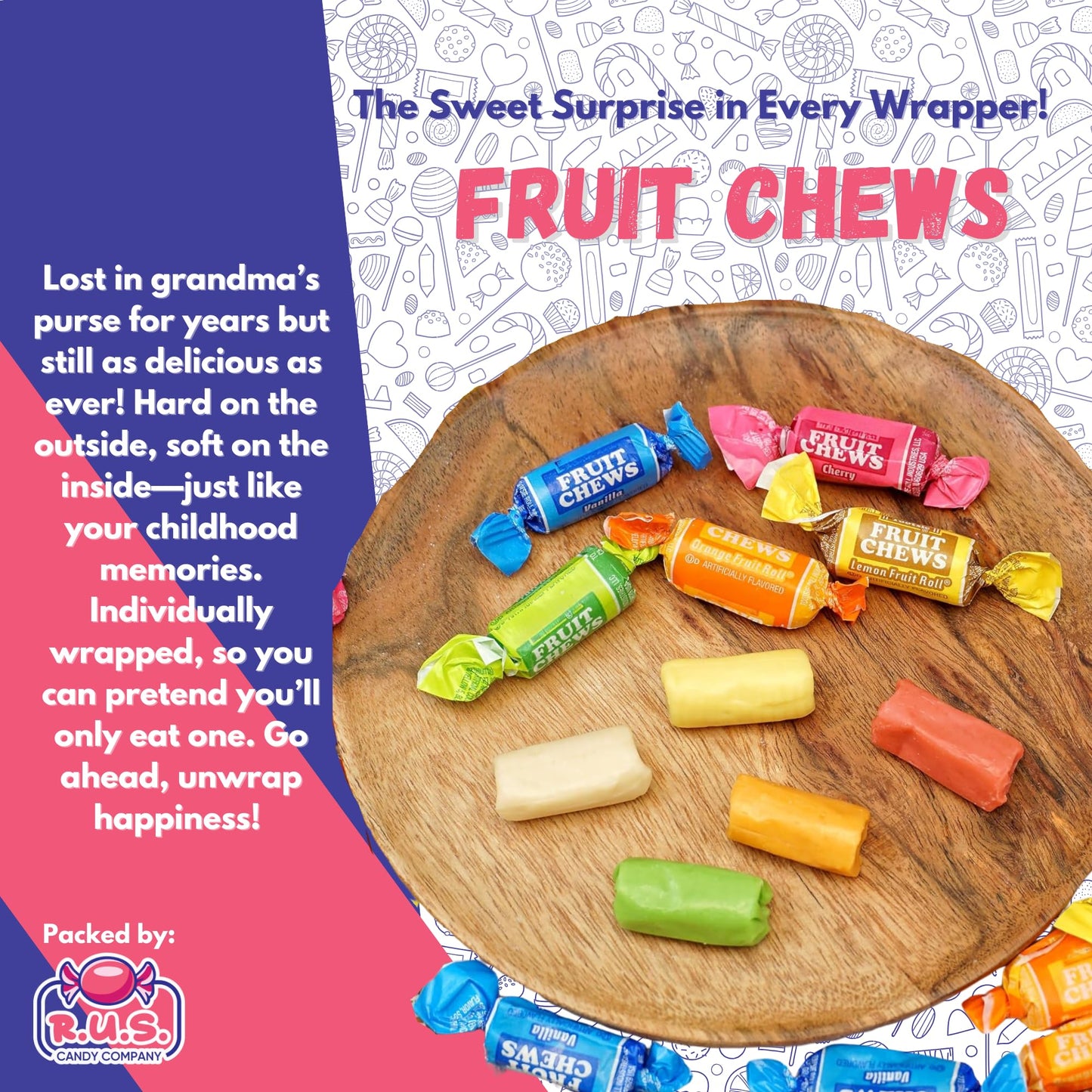 R.U.S. Candy Fruit Chews Candy - Assorted Flavors - Individually Wrapped - 1 lb Bulk Bag - Soft & Chewy Taffy