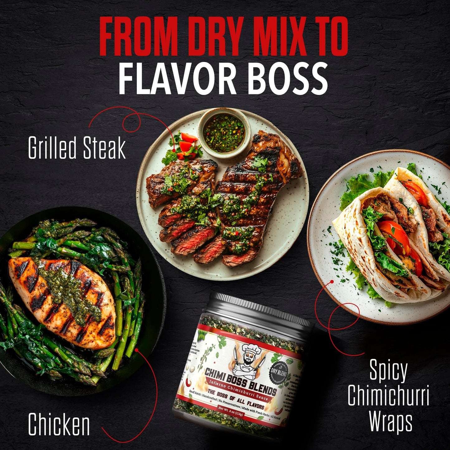 Chimi Boss Blends Infierno Chimichurri Dry Seasoning, 4 oz - Spicy Argentinian Herb & Chili Rub with Parsley, Garlic & Oregano -