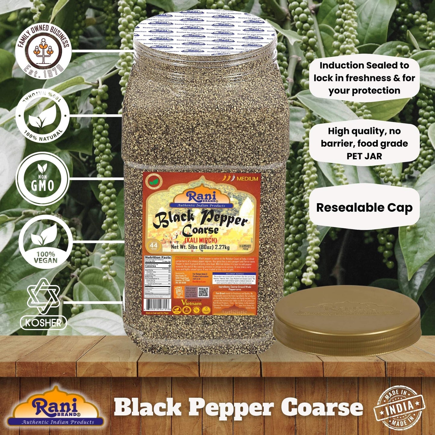 Rani Black Pepper Coarse Ground 28 Mesh, 80oz (5lbs) Bulk PET Jar, All Natural, Vegan, Gluten Friendly, NON-GMO, Kosher