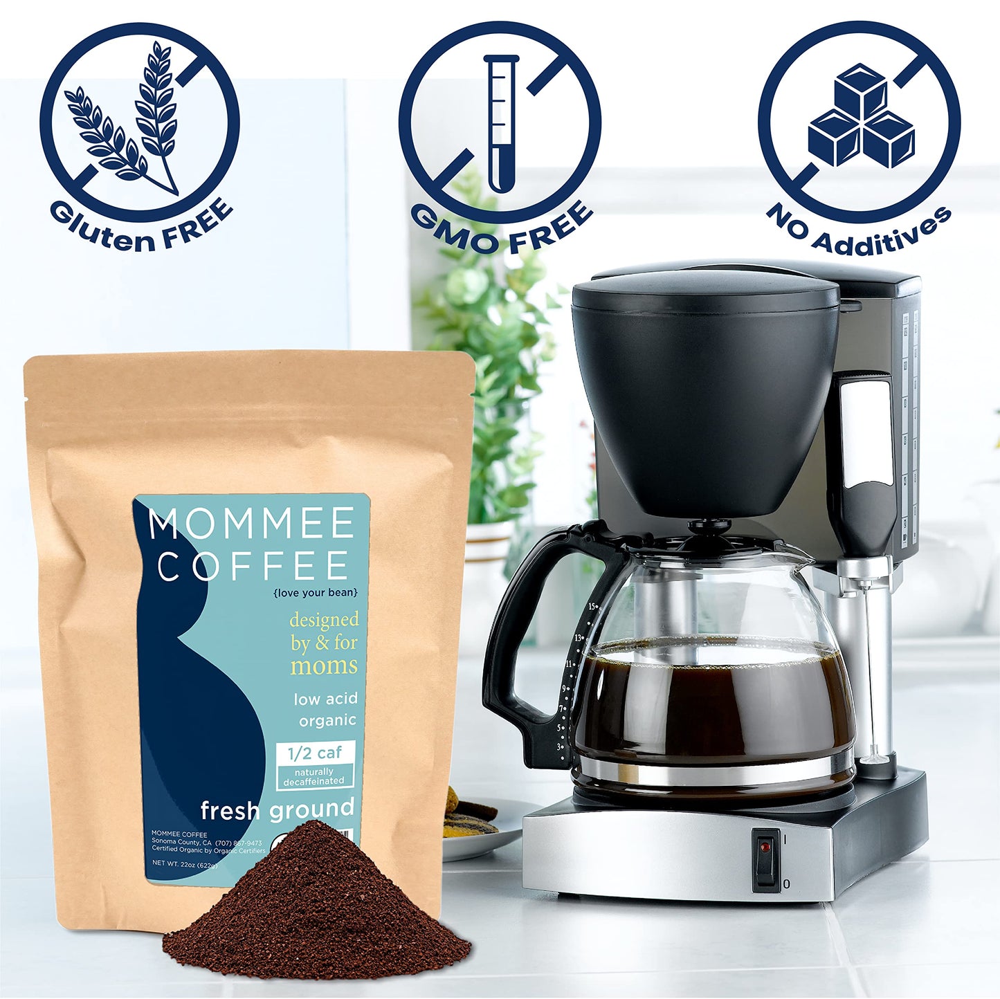 Mommee Coffee - Half Caf | Low Acid, Organic, Fair Trade, Water Processed | Ground, 22 Oz.