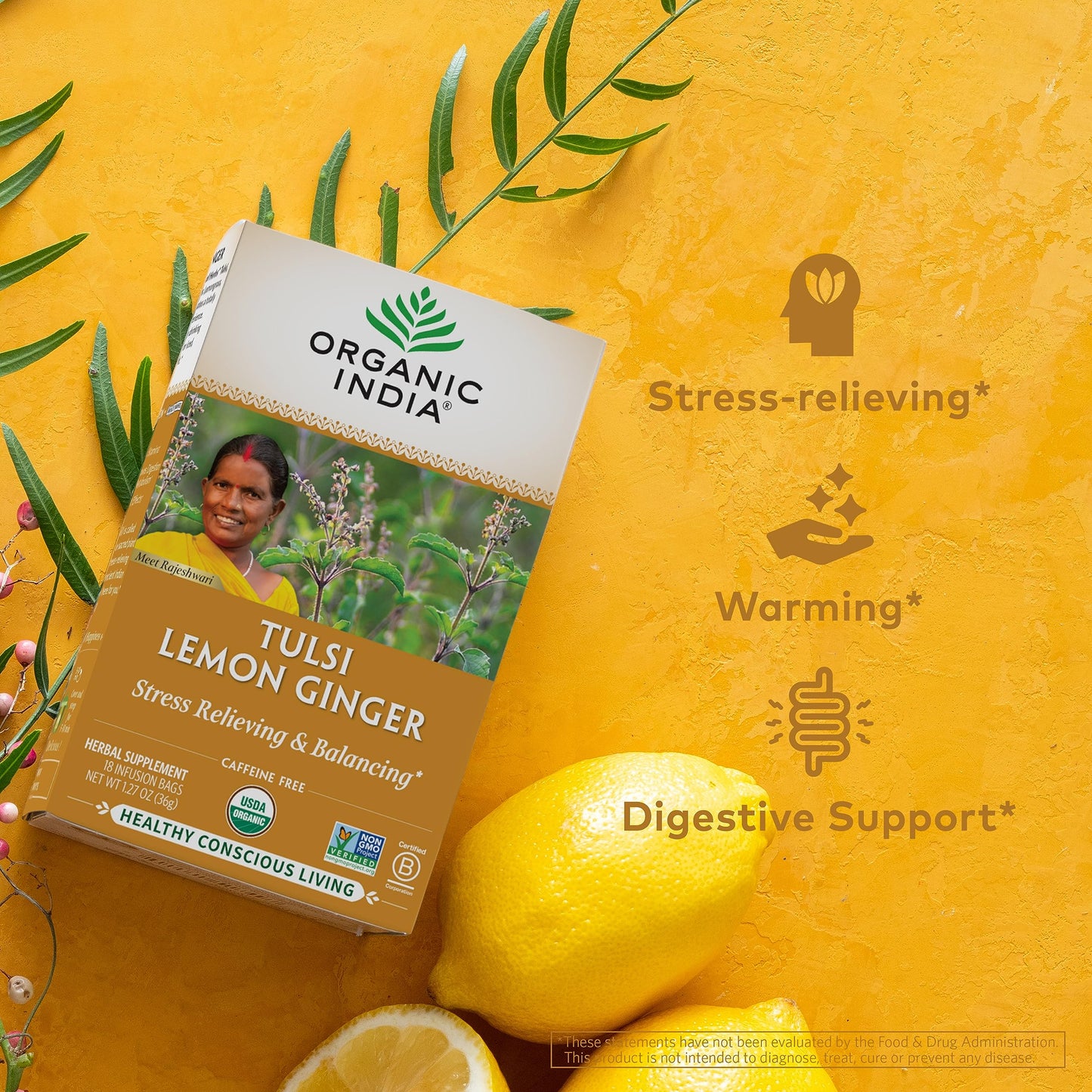 ORGANIC INDIA Tulsi Lemon Ginger Herbal Tea - Vegan, Caffeine-Free, 18 Count (Pack of 3) - Natural