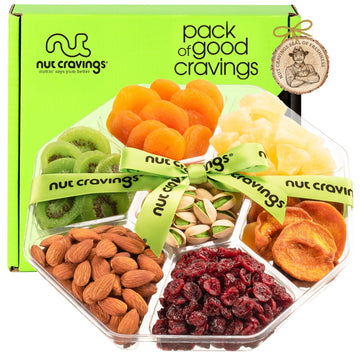Nut Cravings Gourmet Dried Fruit & Mixed Nuts Gift Basket, 1 LB, Green Ribbon, 7 Assortments, Healthy Corporate Care Package