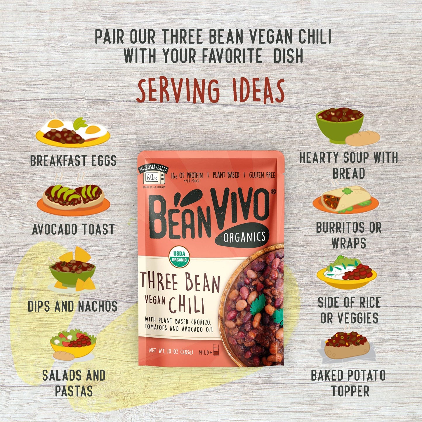 Beanvivo - Organic Three Bean Vegan Chili Pack Of 6 (10 Oz Each) - Seasoned & Ready To Eat Plant Protein Vegan Gluten Free Micro