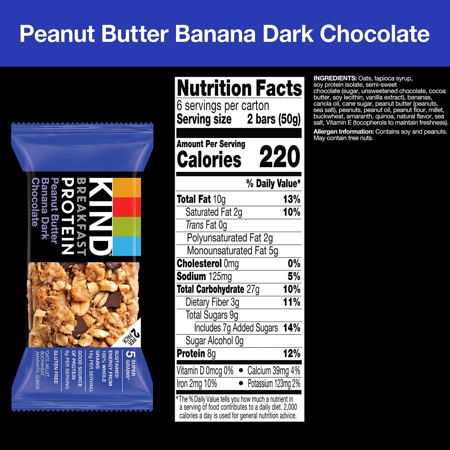 Kind Breakfast, Healthy Snack Bar, Peanut Butter Banana Dark Chocolate, Gluten Free Breakfast Bars, 8G Protein, 1.76 Oz Packs (3