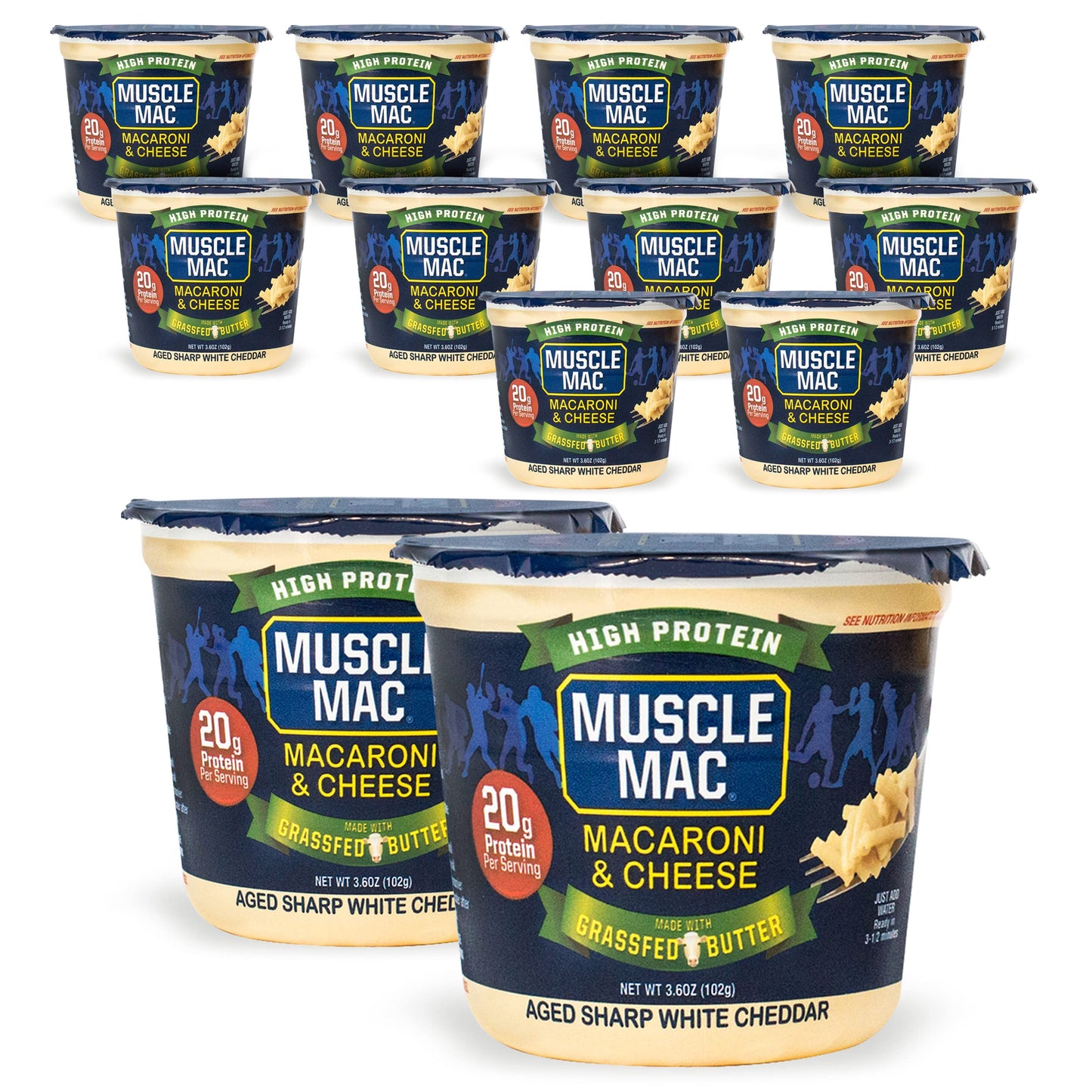 MUSCLE MAC Microwavable Mac & Cheese Cups, Aged Sharp White Cheddar, 3.6 oz (Pack of 12), Vegetarian-Friendly Pea Protein