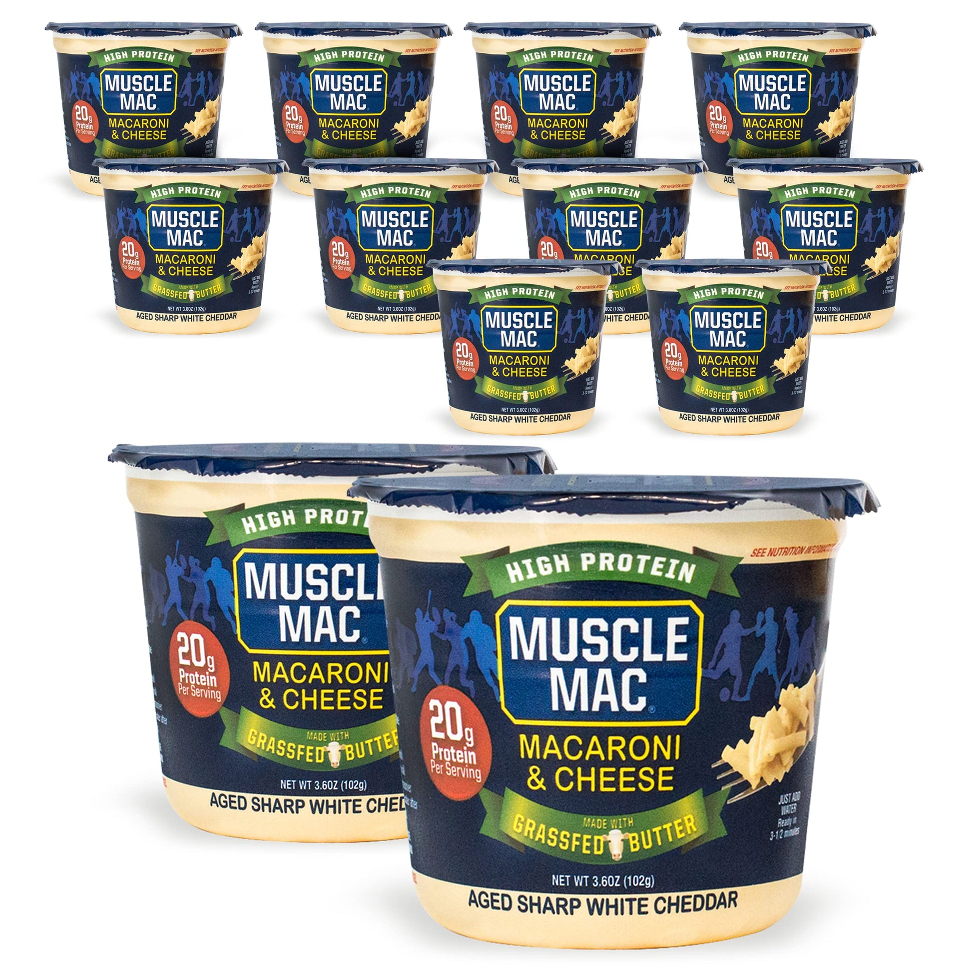 MUSCLE MAC Microwavable Mac & Cheese Cups, Aged Sharp White Cheddar, 3.6 oz (Pack of 12), Vegetarian-Friendly Pea Protein