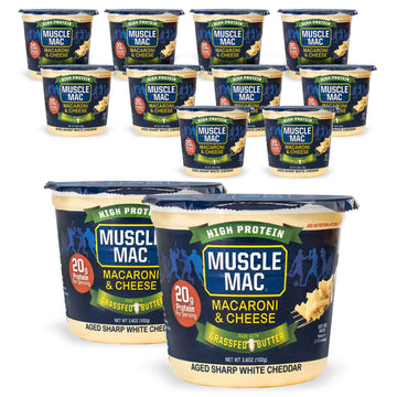 MUSCLE MAC Microwavable Mac & Cheese Cups, Aged Sharp White Cheddar, 3.6 oz (Pack of 12), Vegetarian-Friendly Pea Protein