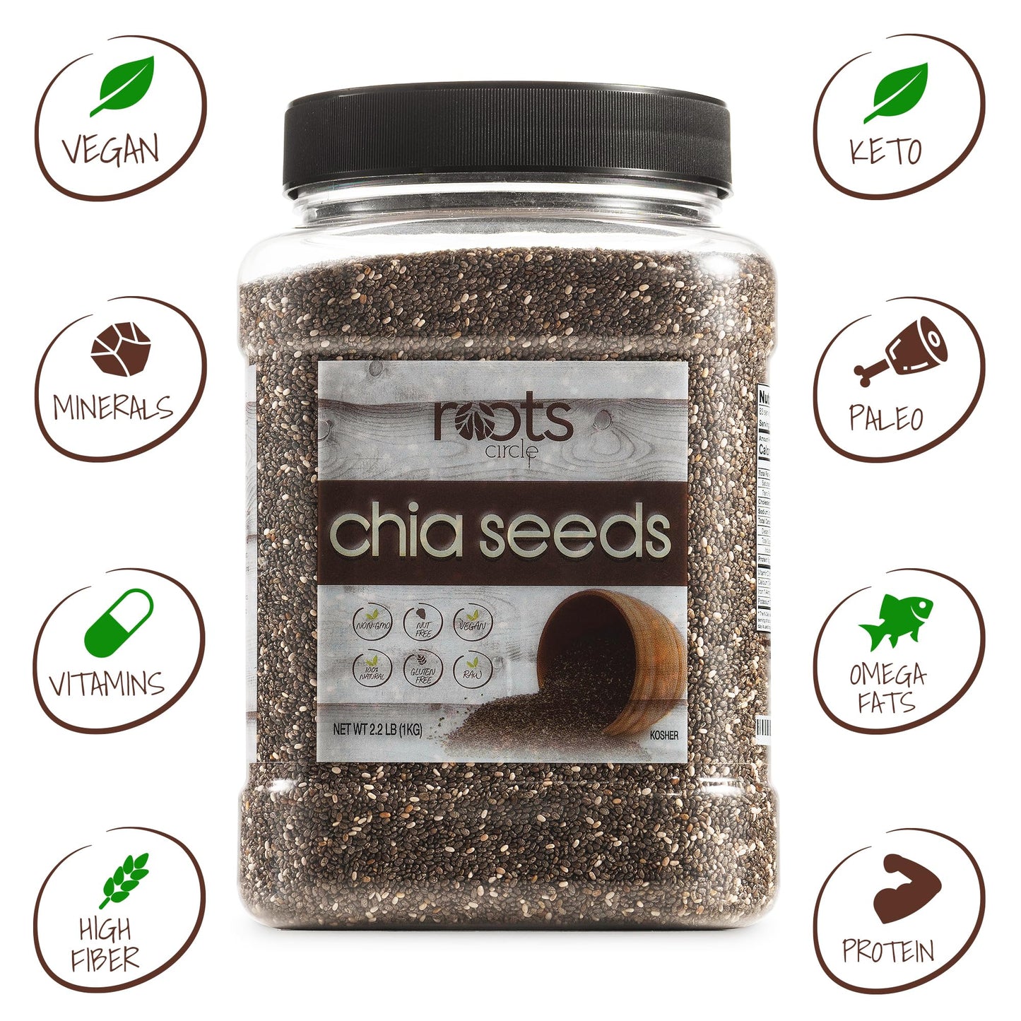 Roots Circle Non-GMO Chia Seeds | 1.3 Pound (Pack of 1) Raw Superfood, Vegan, Kosher, Nut & Gluten Free, Keto & Paleo Friendly |