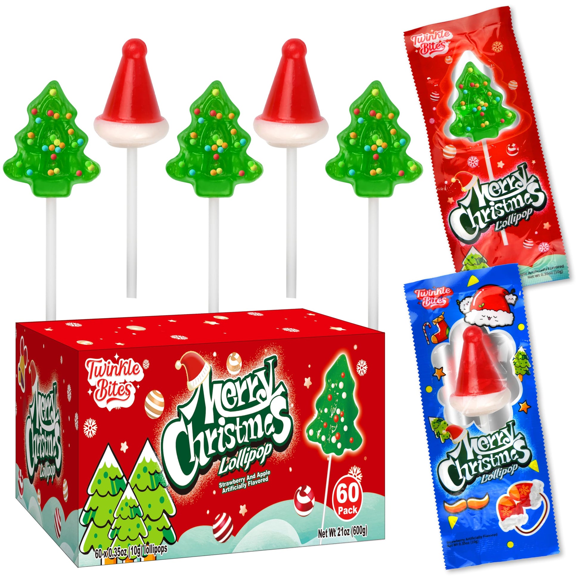60 Pack Christmas Lollipops - Individually Wrapped Christmas Holiday Themed Hat And Tree Lollipops - Colorful Red & Green Designs & Delicious Flavor -Bulk Candy Use For Stocking Stuffers, Party Favor, Classroom & Office  , Candy Jar Fillers