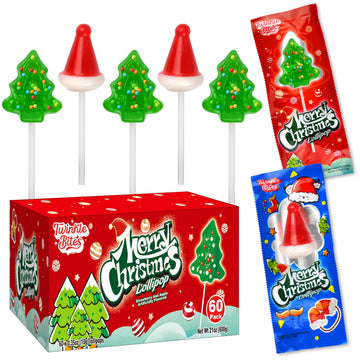 60 Pack Christmas Lollipops - Individually Wrapped Christmas Holiday Themed Hat And Tree Lollipops - Colorful Red & Green Designs & Delicious Flavor -Bulk Candy Use For Stocking Stuffers, Party Favor, Classroom & Office  , Candy Jar Fillers