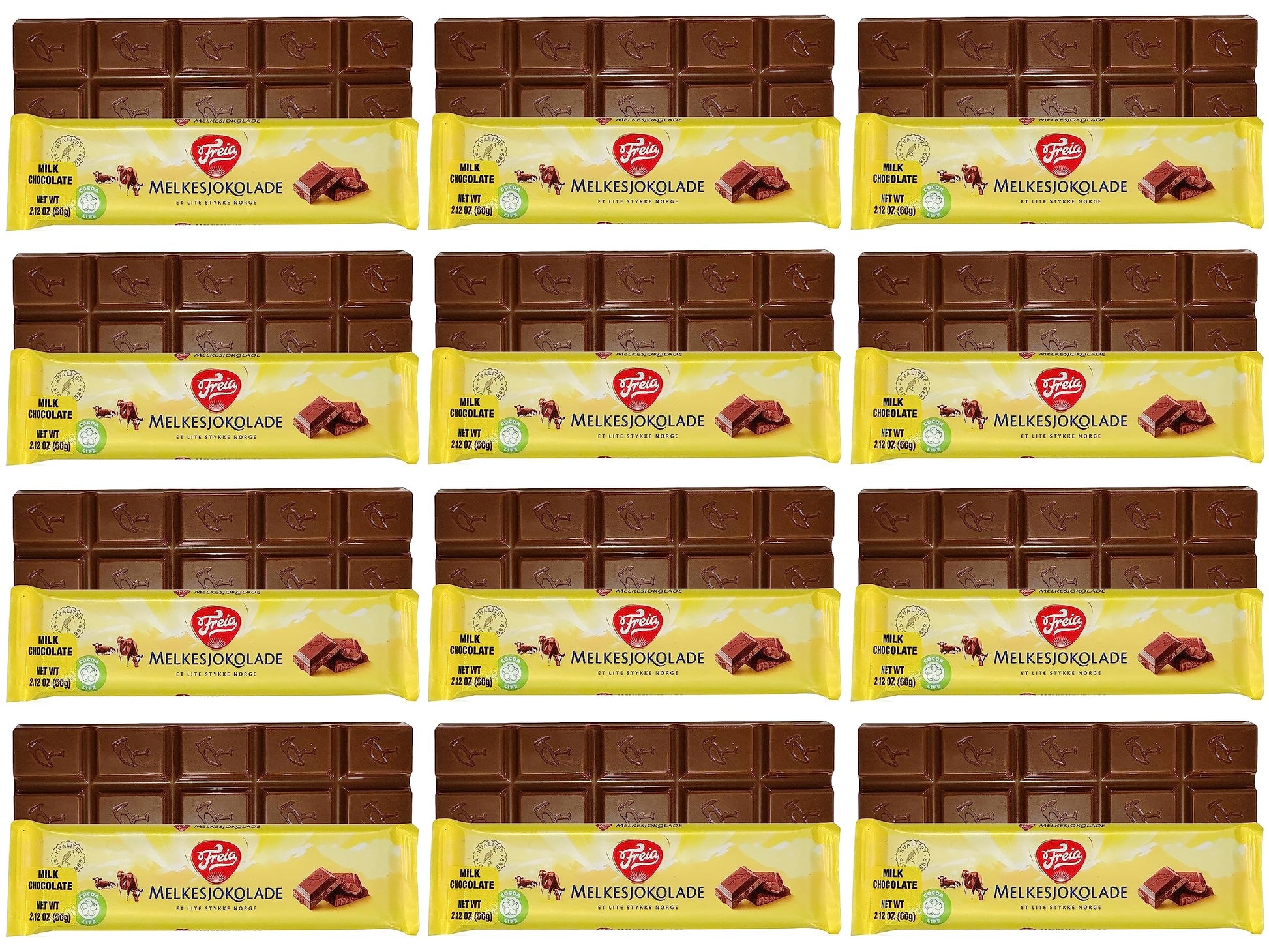 Freia Norwegian Milk Chocolate Bars, 12-Pack, 60g, Individually Wrapped, Rich, Decadent, Smooth Melt-in-Your-Mouth