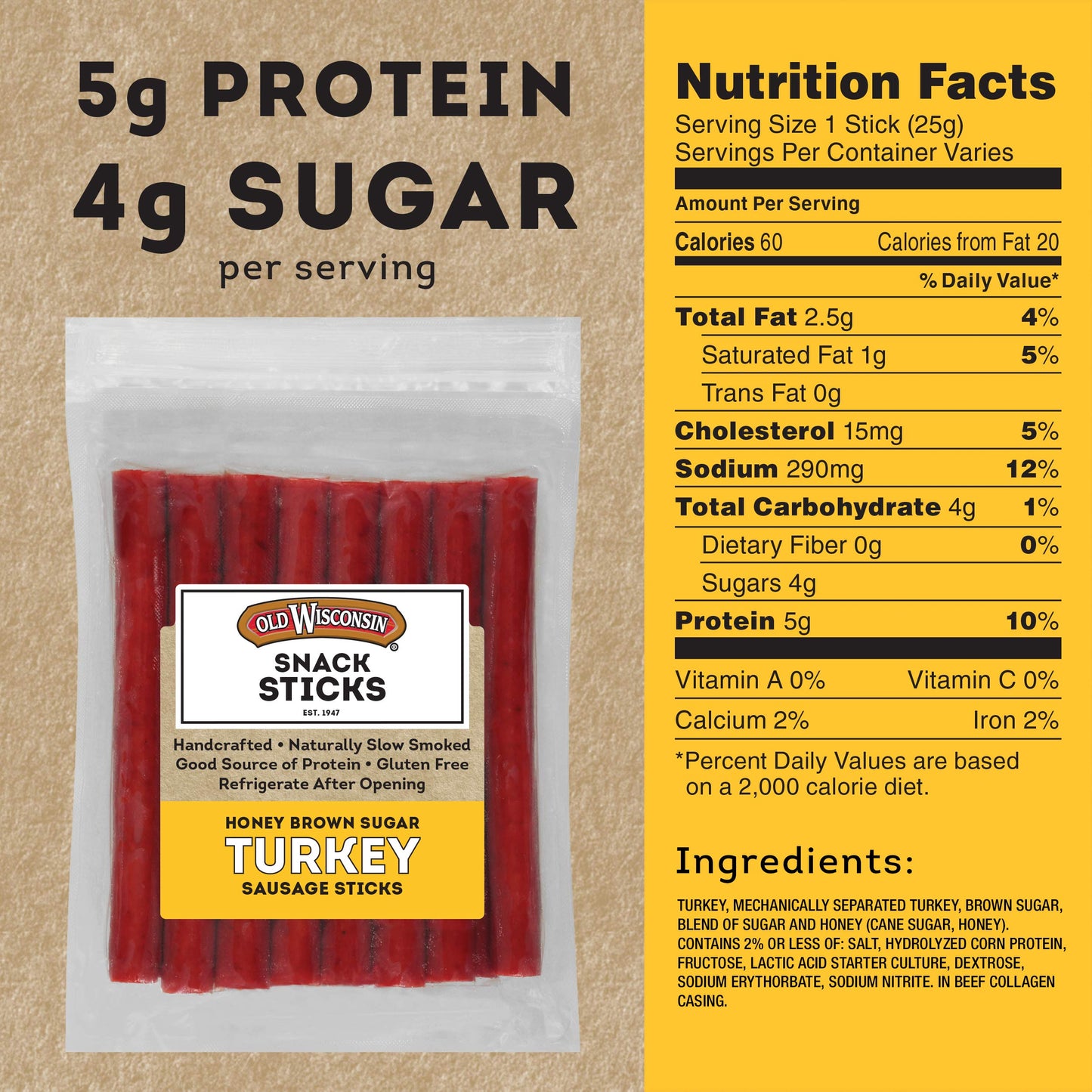 Old Wisconsin Honey Brown Sugar Turkey Sausage Snack Sticks, High Protein, Low Carb, 16 Ounce Resealable Package