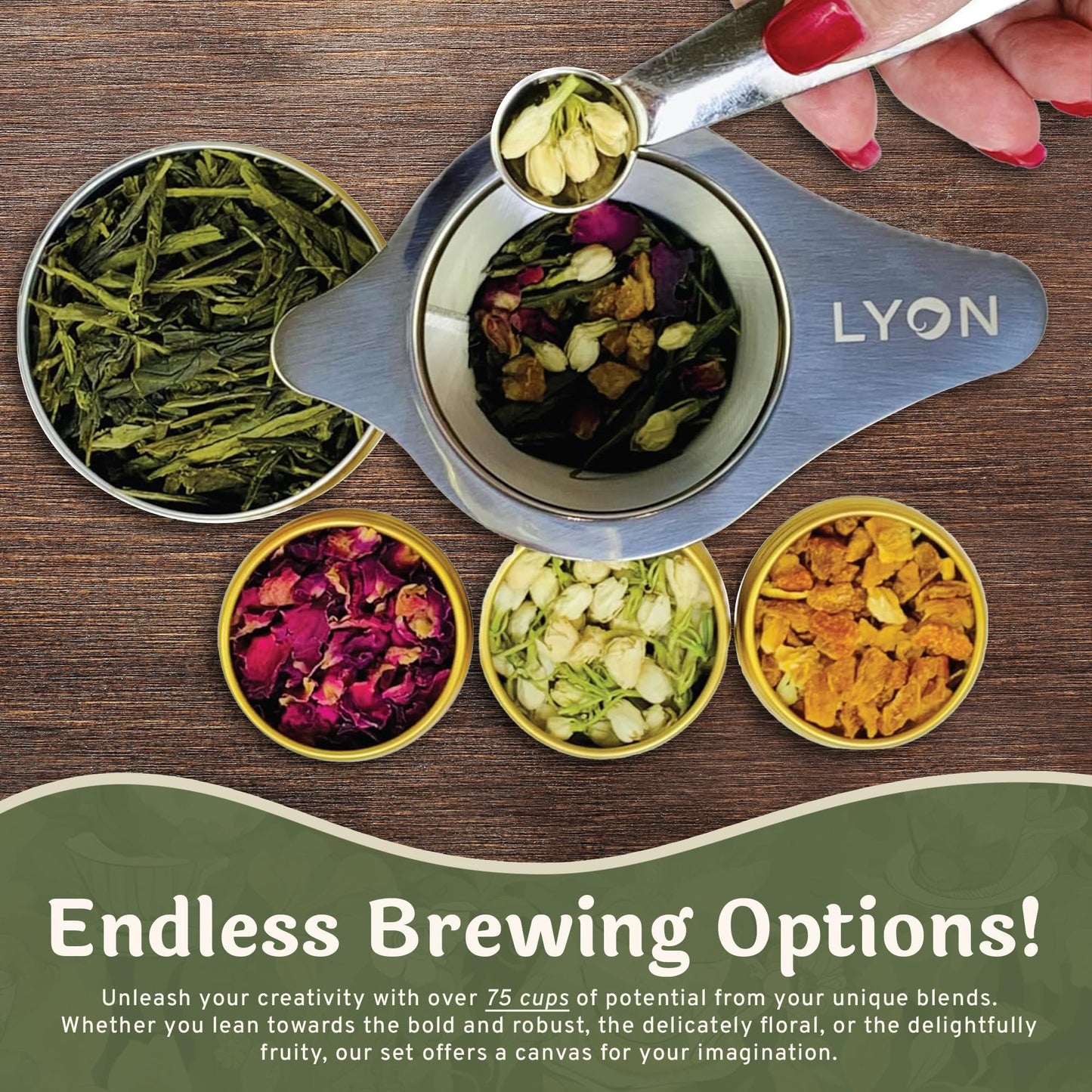 Lyon Diy Tea Blending Set-16 Tin Variety Pack-Premium Herbal Tea & Exotic Floral/Fruit Flavor Infusers - Create 75+ Cups W/Assor
