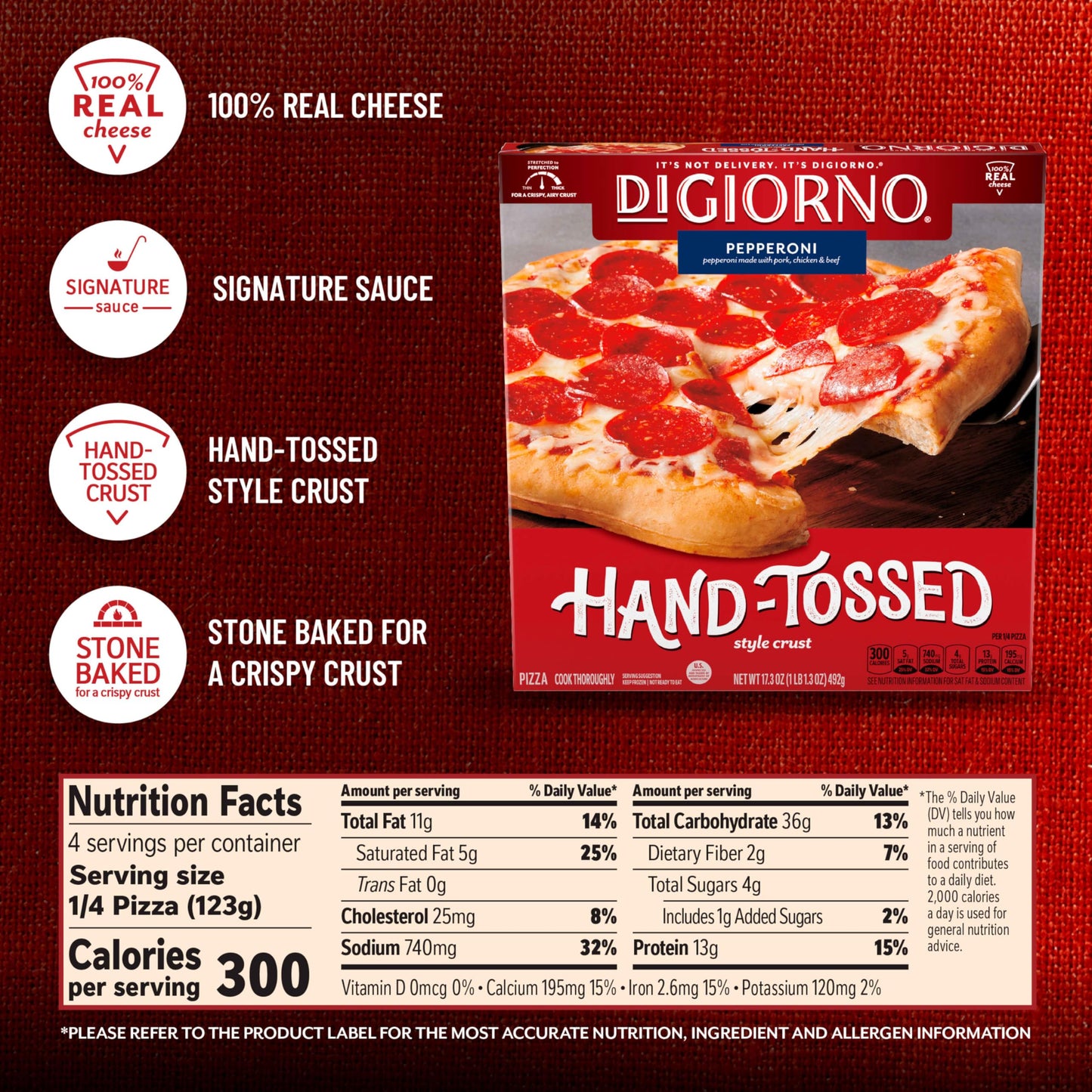 Digiorno Frozen Pizza, Pepperoni Pizza Hand-Tossed Style Crust, 17.3Oz (Frozen) 17.3 oz