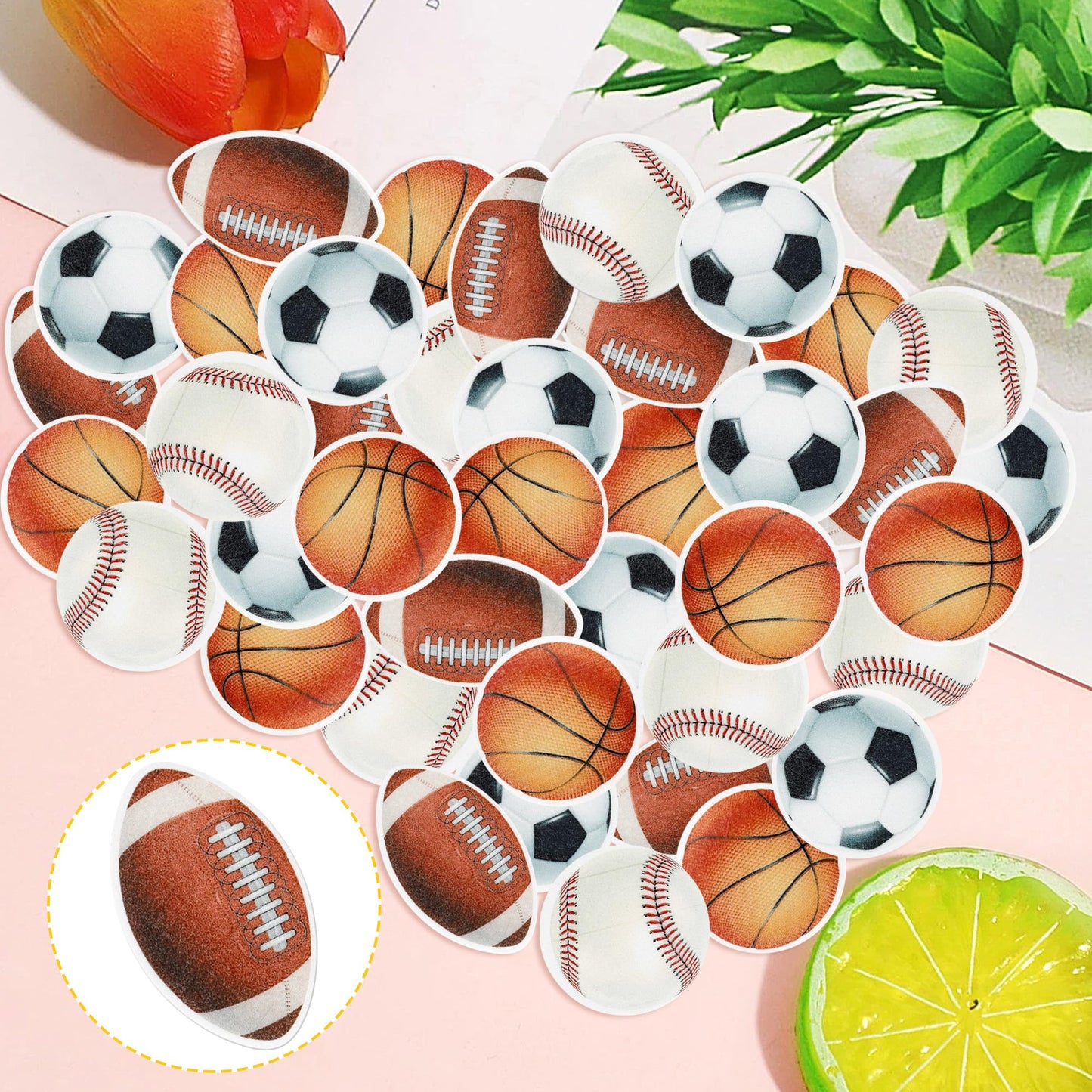 48 Pcs Edible Sports Cupcake Toppers Wafer Paper Baseball Rugby Cupcake Picks Edible Basketball Soccer Football For Cake Decorat